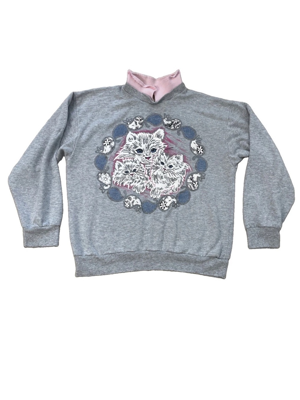 VTG Cat Sweater Sweatshirt Women’s L Collared 1980s Grandma Glitter MADE IN USA